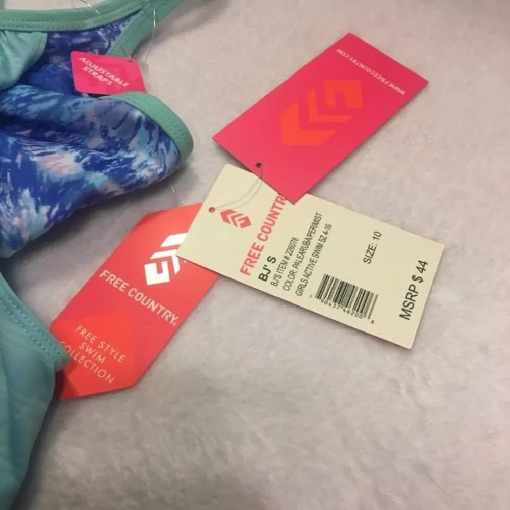 Free Country Tankini Swimsuit Girls Size 4 Teal Blue NWT Tie Dye 2-Piece Set